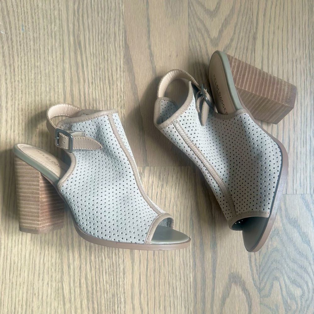 Kelsi Dagger Brooklyn Goya Peep Toe Perforated Suede Slingback Sandals Heels